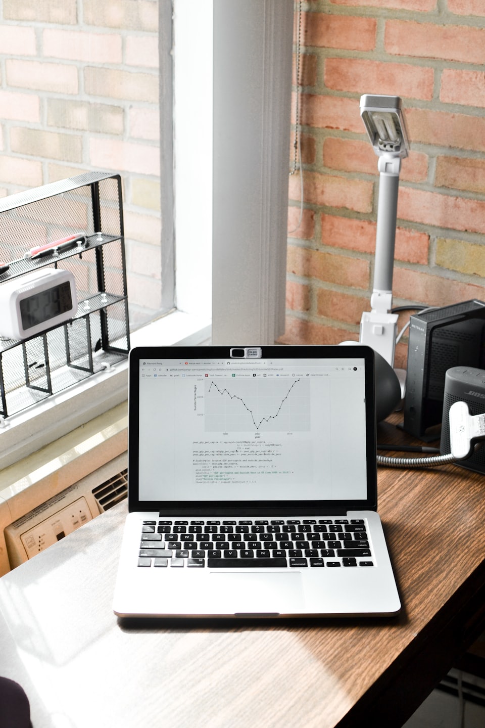 Laptop displaying code and graphs on a desk with office supplies.
